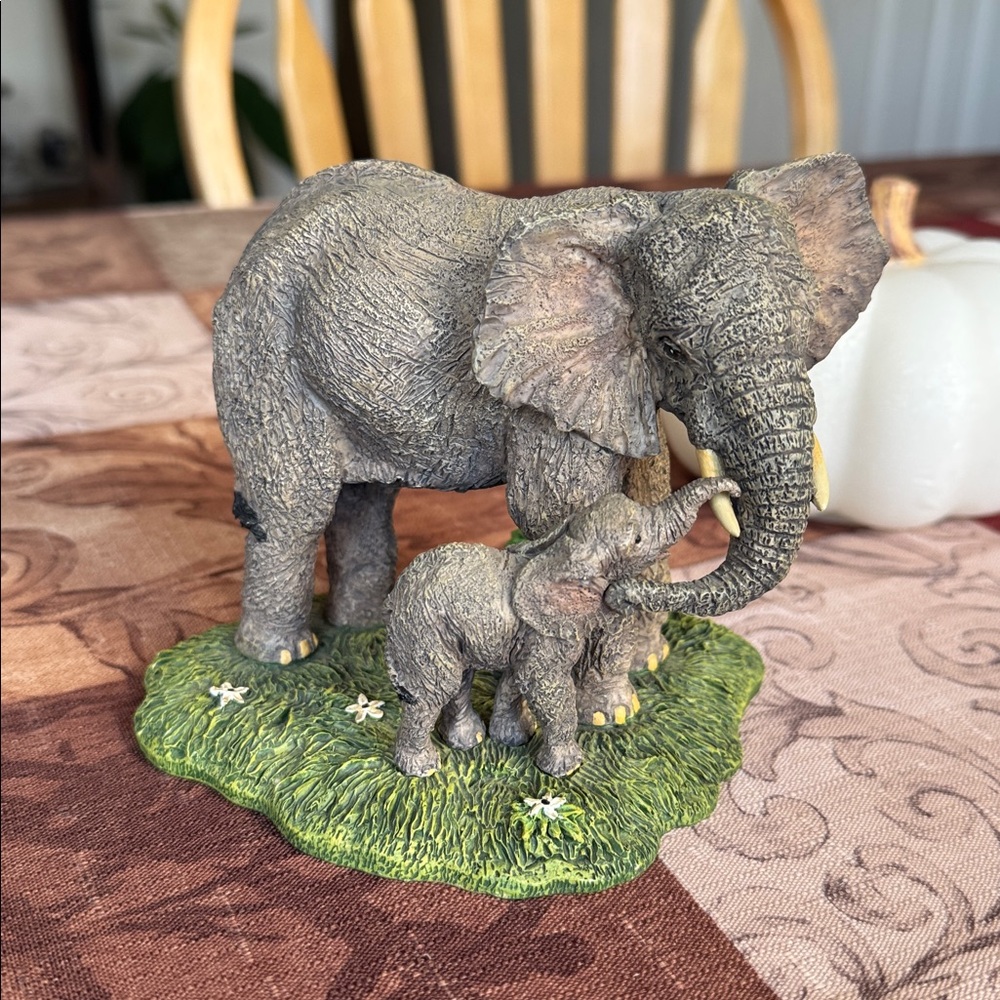1997 Vintage Elephant Figurine with Baby on Grass Base